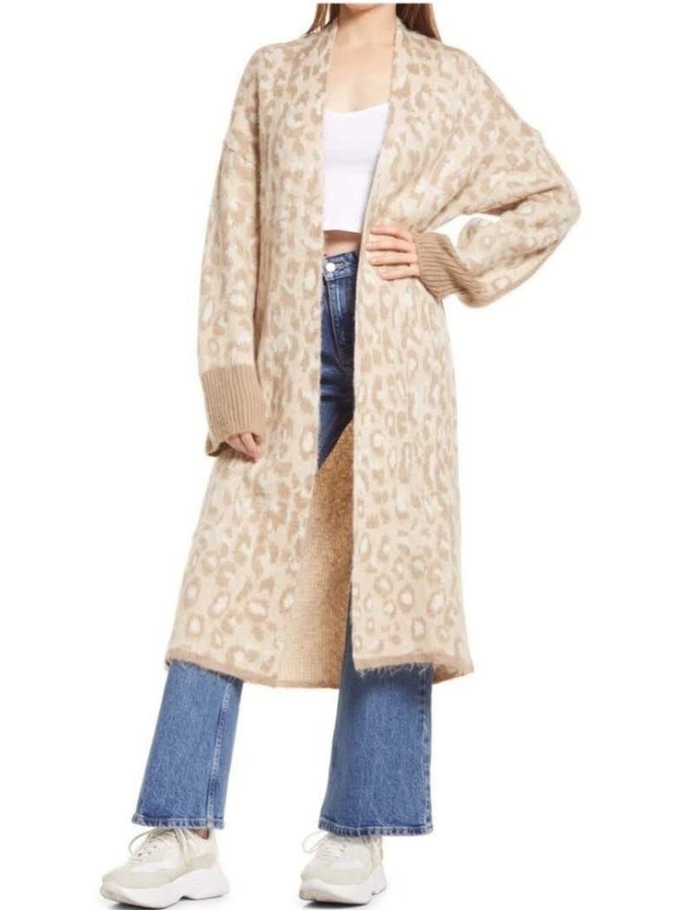 Topshop Beige Leopard-Print Long Open Cardigan Size 0-2